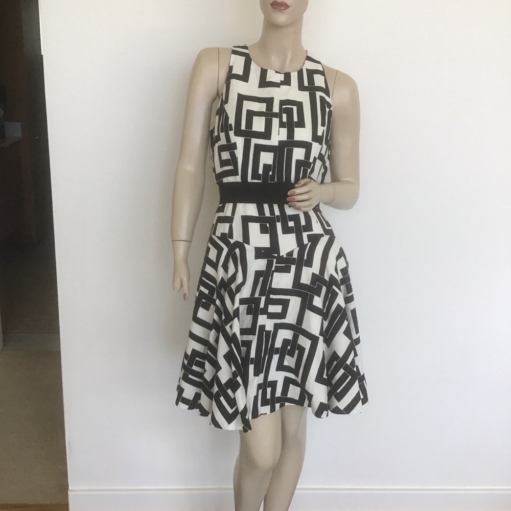 Milly‎ New York Black White Geometric Linen Silk Blend Fit n Flare Dress 6